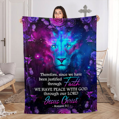 Lion And Rose | Shining Cross Fleece Blanket | Romans 5:1 | We Have Peace With God FBH623