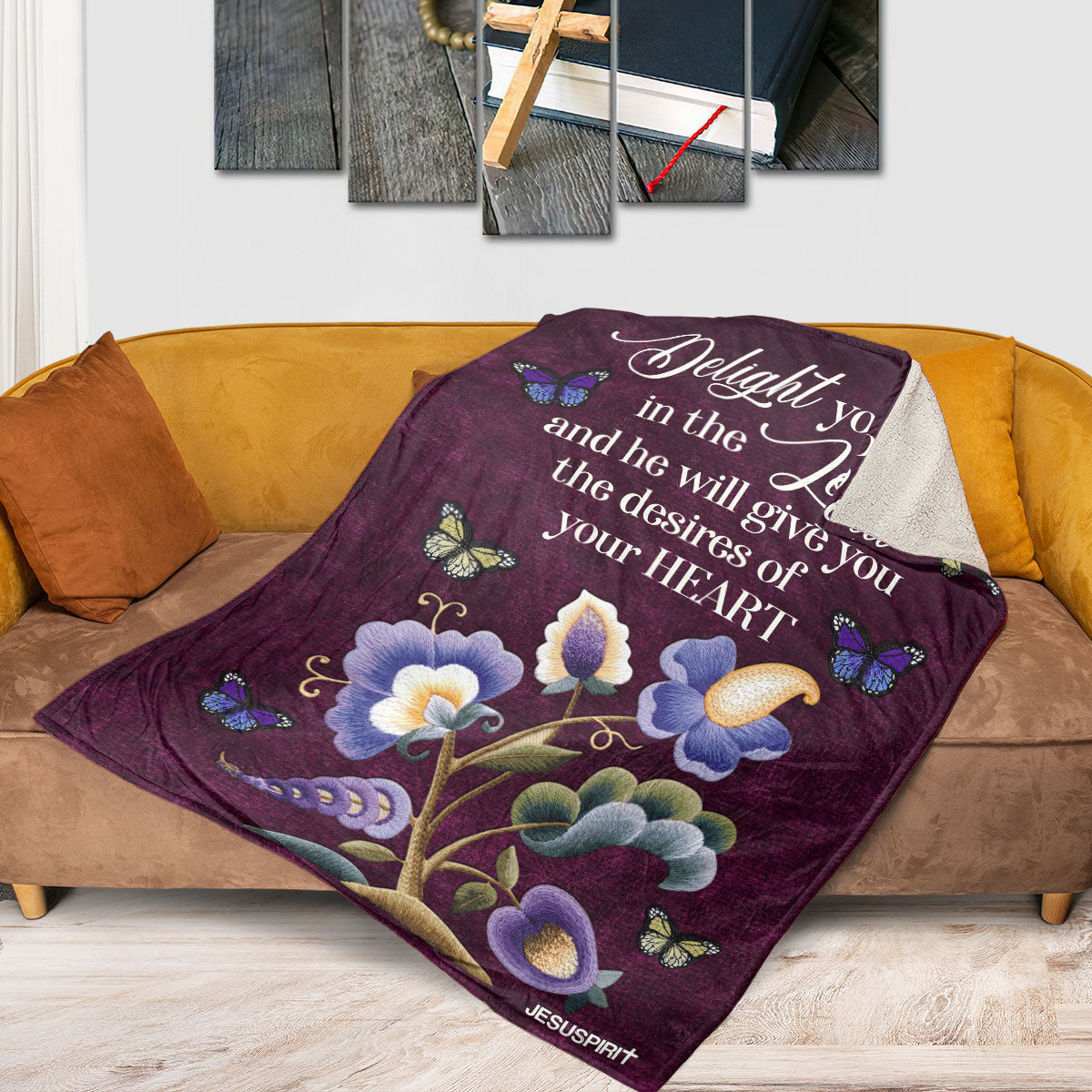 Fleece Blanket | Delight Yourself In The Lord | Psalm 37:4 | Flower And Butterfly FBHN618