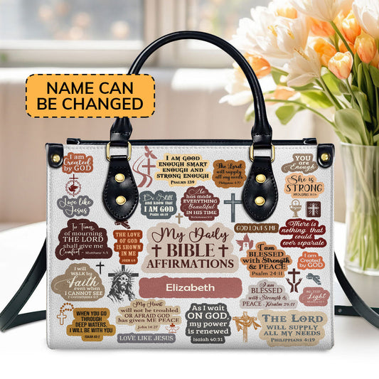 Personalized Leather Handbag With Zipper | My Daily Bible Affirmation LHBM726