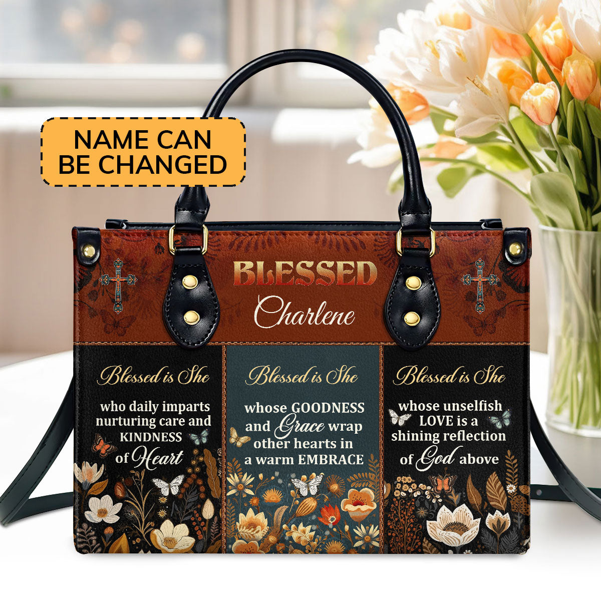 Personalized Leather Handbag With Zipper | Blessed Is She LHBM748