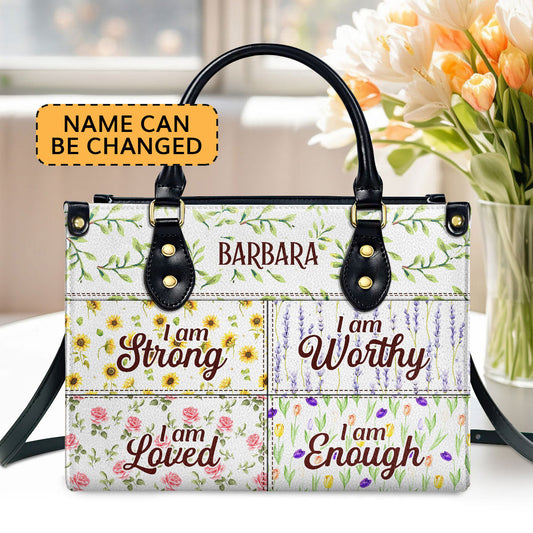 I Am Enough | Personalized Zippered Leather Handbag With Handle | Religious Gift For Worship Friends LHBNUHN680