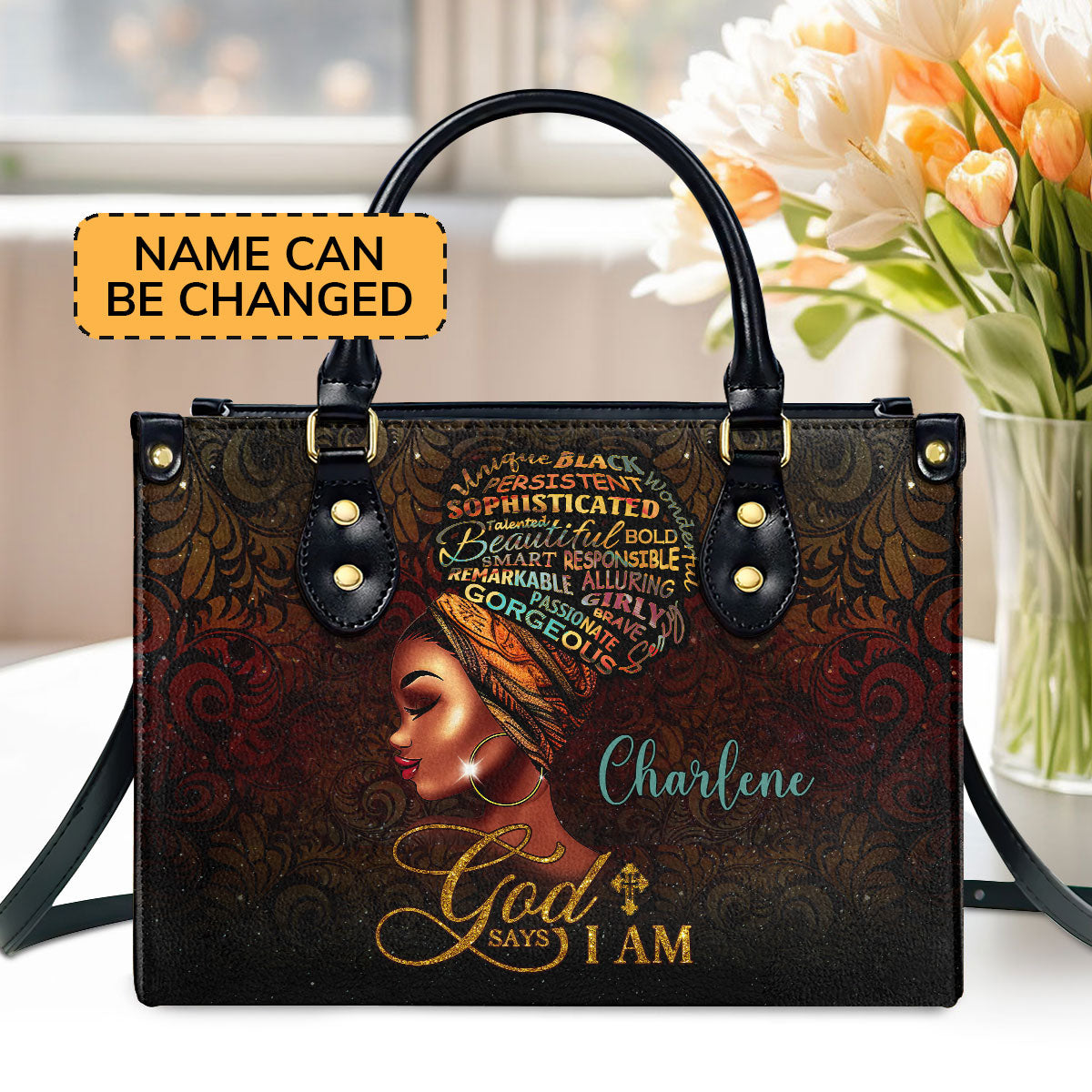 God Says I Am | Personalized Zippered Leather Handbag With Handle LHBM717