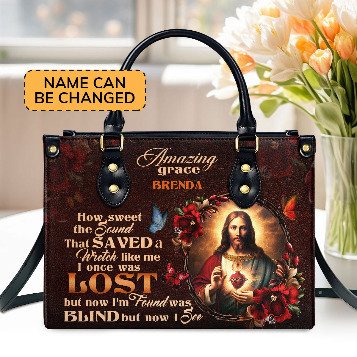 Personalized Leather Handbag With Zipper | Jesus Amazing Grace LHBM740