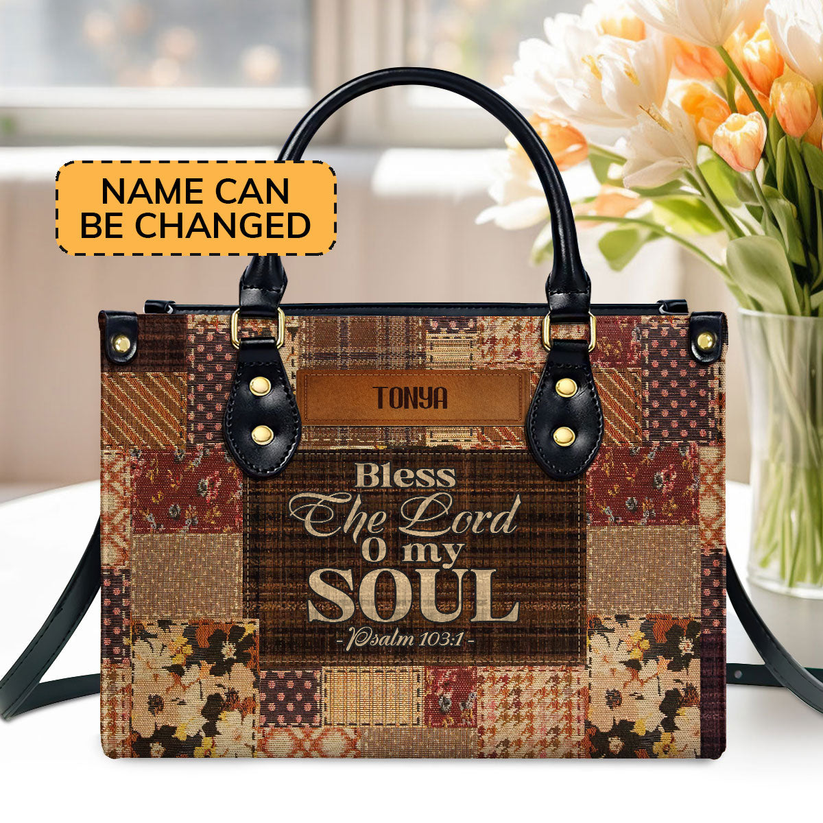 Personalized Zippered Leather Handbag With Handle | Religious Gift For Worship Friends | Blessed The Lord LHBM767