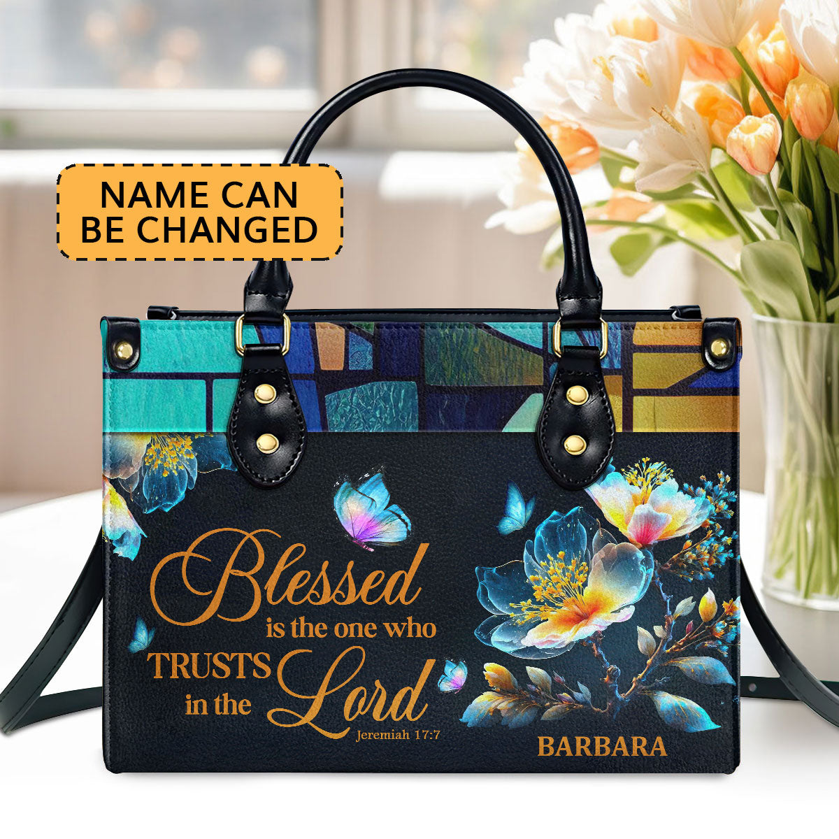 Personalized Leather Handbag With Handle | Blessed Is The One Who Trusts In The Lord | Jeremiah 17:7 | Spiritual Gift Of Faith For Women LHBHN690