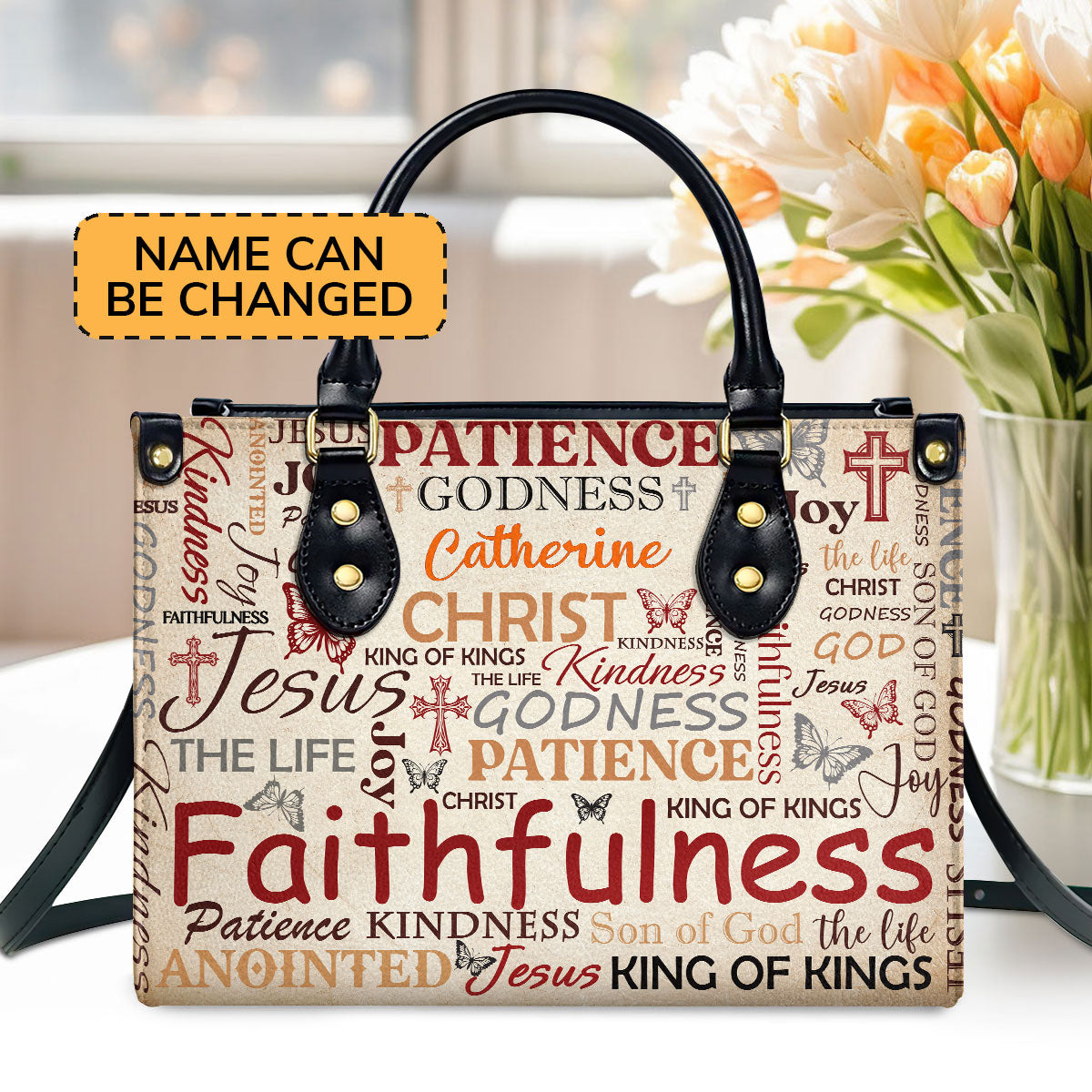 Personalized Leather Handbag With Zipper | Patience Godness Faithfulness LHBM730