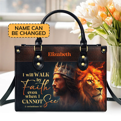 Personalized Leather Handbag With Zipper | I Will Walk By Faith LHBM745