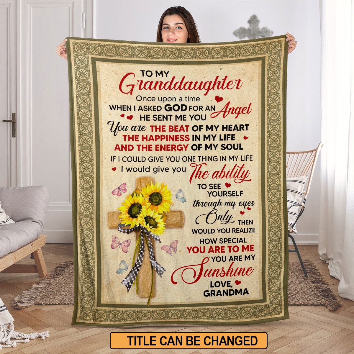 You Are My Sunshine | Lovely Personalized Fleece Blanket For Granddaughter | Sunflower And Cross FBH621