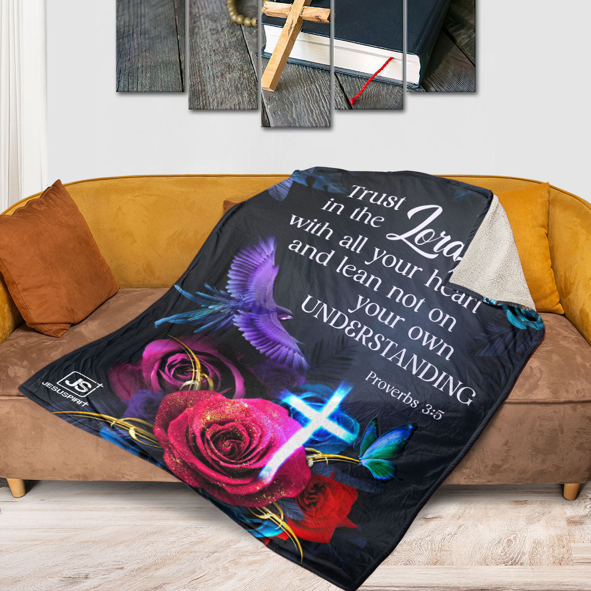 Trust In The Lord With All Your Heart | Fleece Blanket | Proverbs 3:5 | Rose And Cross FBHN629