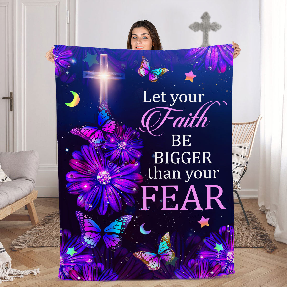 Let Your Faith Be Bigger Than Your Fear | Daisy & Butterfly | Hebrews 13:6 | Fleece Blanket FBM645