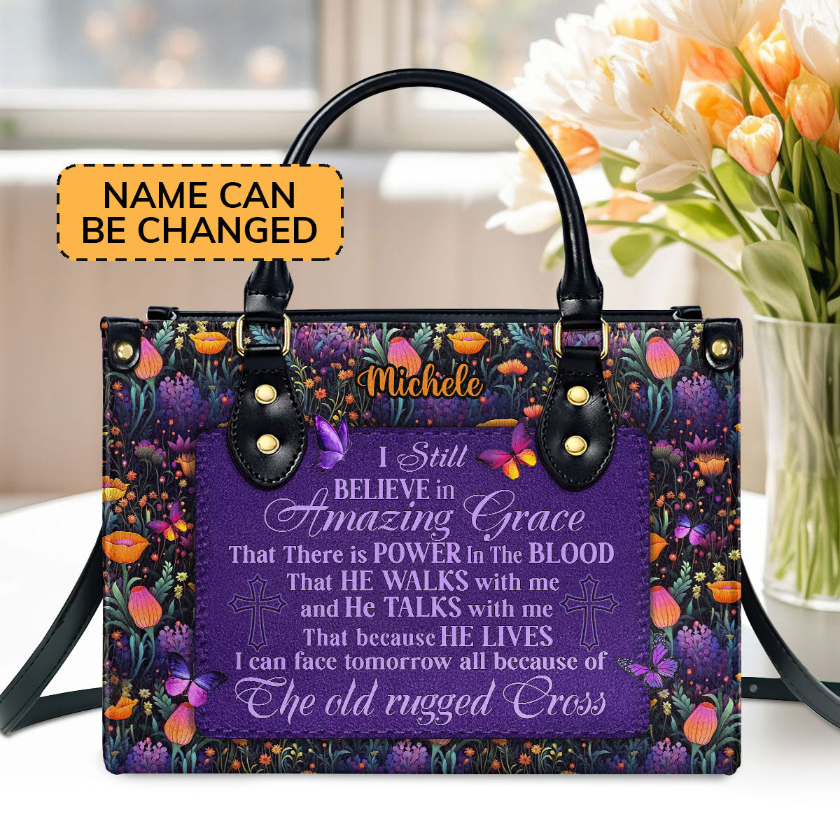 Personalized Leather Handbag With Zipper | I Still Believe In Amazing Grace LHBM743