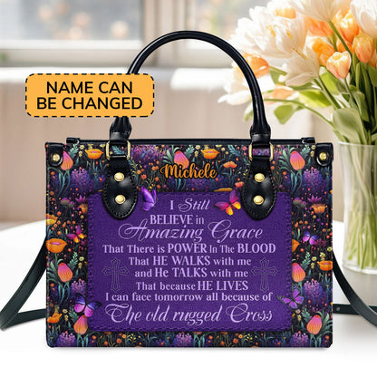 Personalized Leather Handbag With Zipper | I Still Believe In Amazing Grace LHBM743