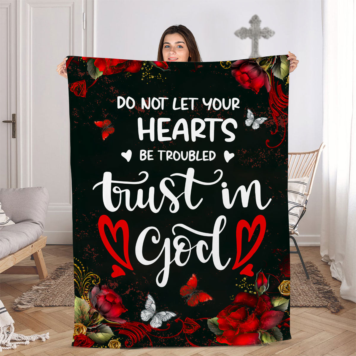 Do Not Let Your Heart Be Troubled | John 14:1 | Fleece Blanket | Rose And Butterfly FBM646