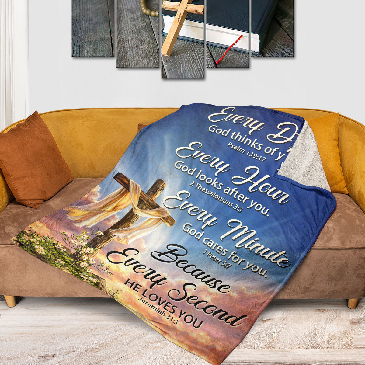 Every Minute God Cares For You | Cross Fleece Blanket | Ideal Gift For Church Members FBHN601