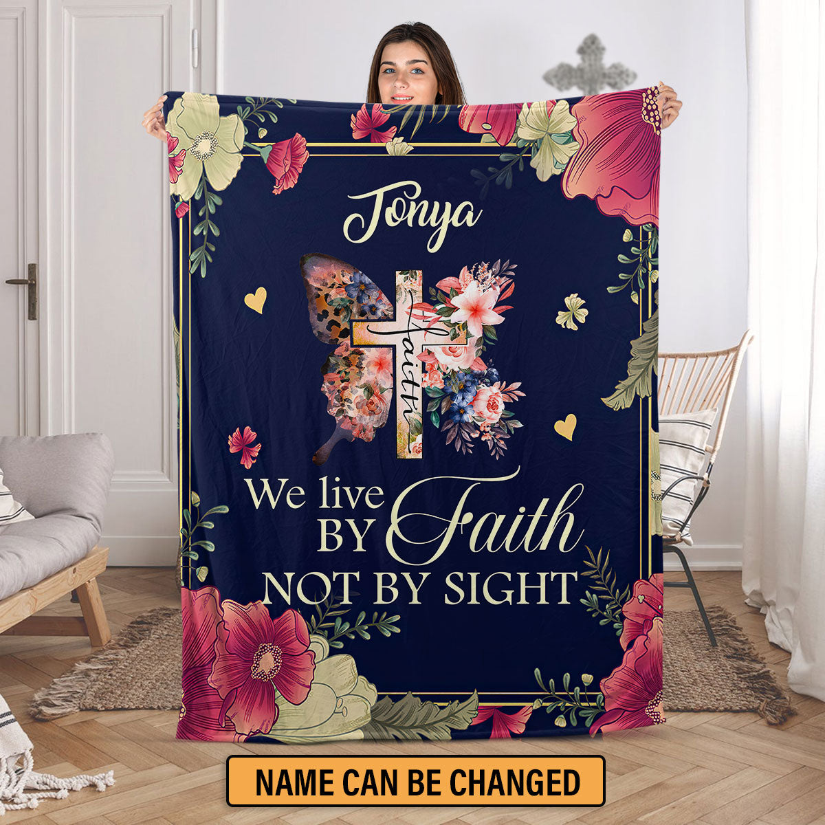 Fleece Blanket | We Live By Faith, Not By Sight | Cross And Butterfly | 2 Corinthians 5:7 FBM647