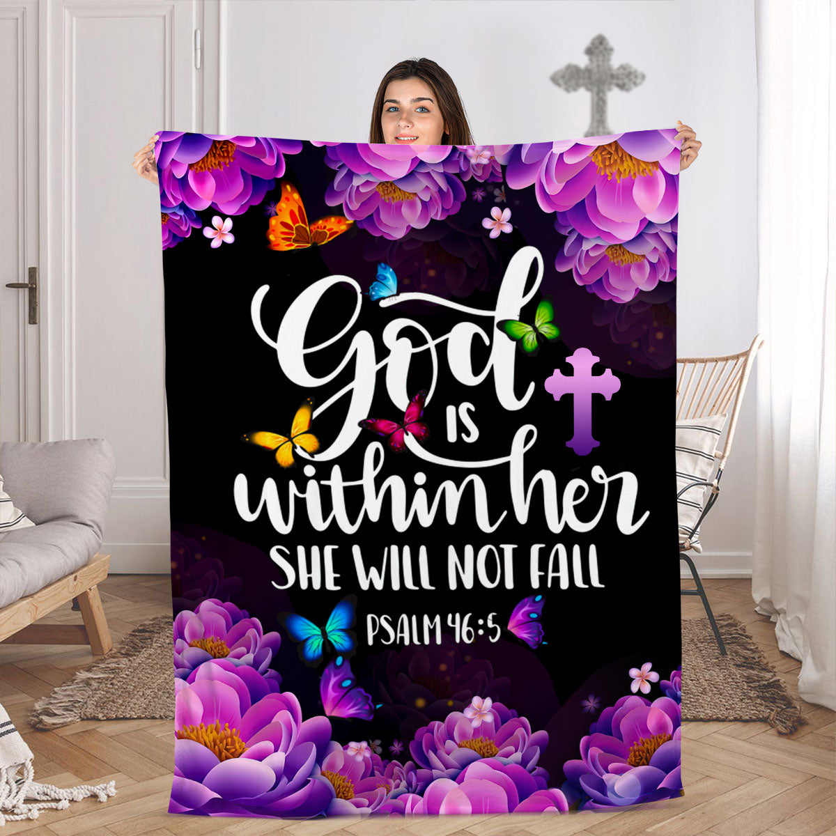 Psalm 46:5 | Cross And Butterfly | God Is Within Her, She Will Not Fall | Beautiful Flower Fleece Blanket FBM640