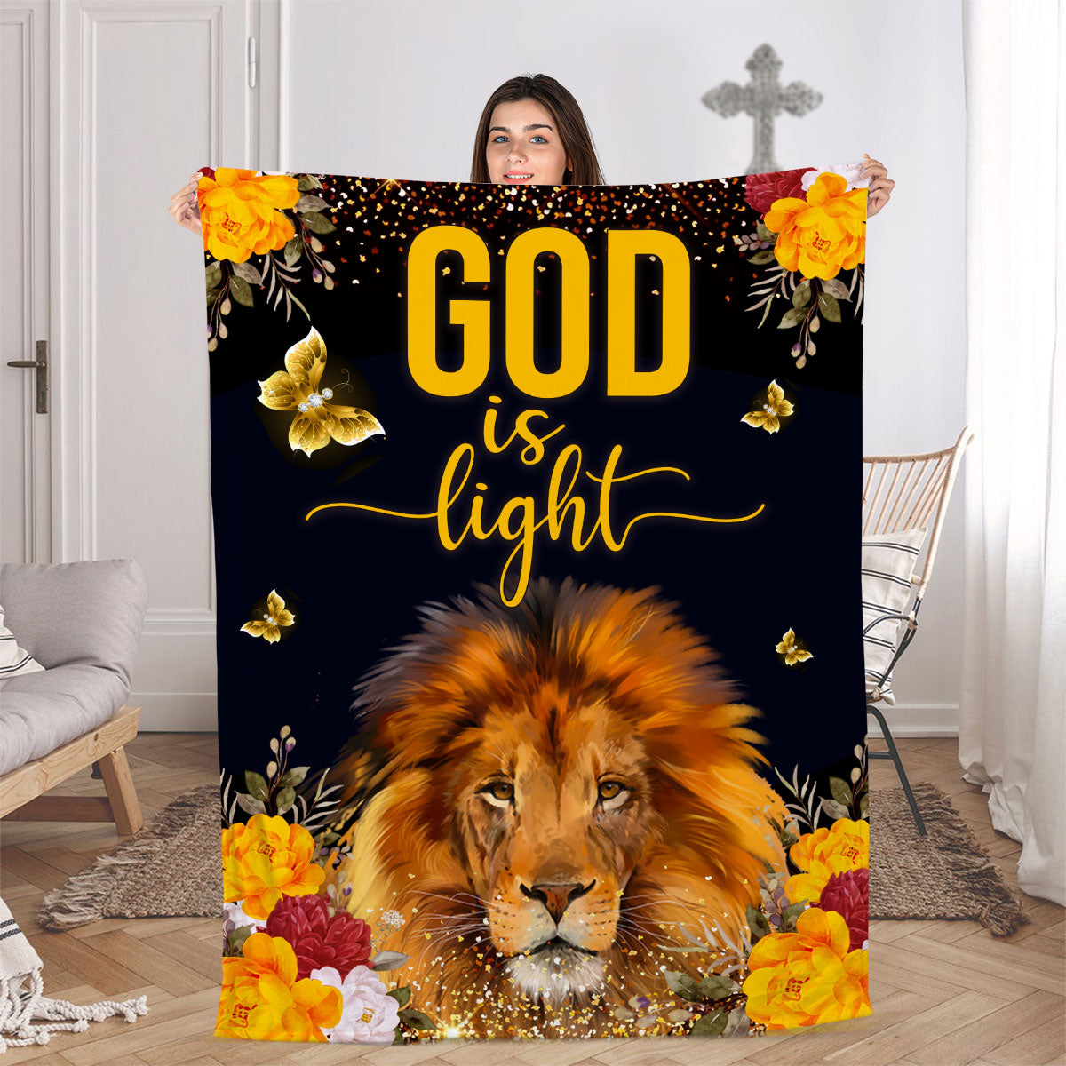 God Is Light | Lion And Roses | Faithful Gift For Christian People | Fleece Blanket FBM649