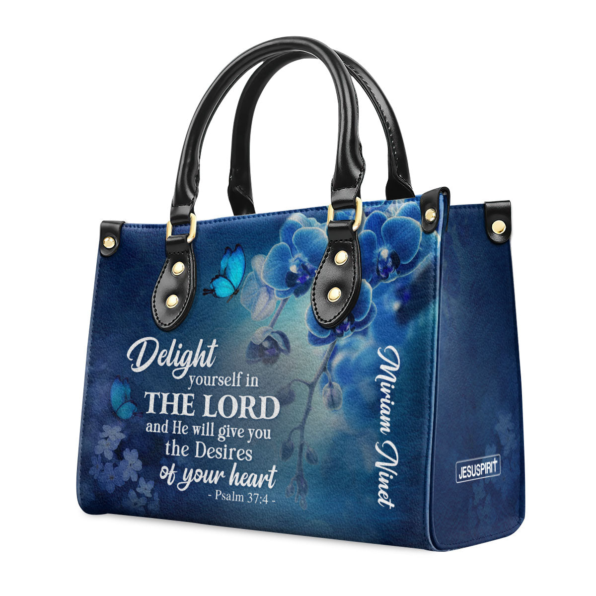 Personalized Leather Handbag | Delight Yourself In The Lord | Psalm 37:4 | Blue Orchids And Lilac H47