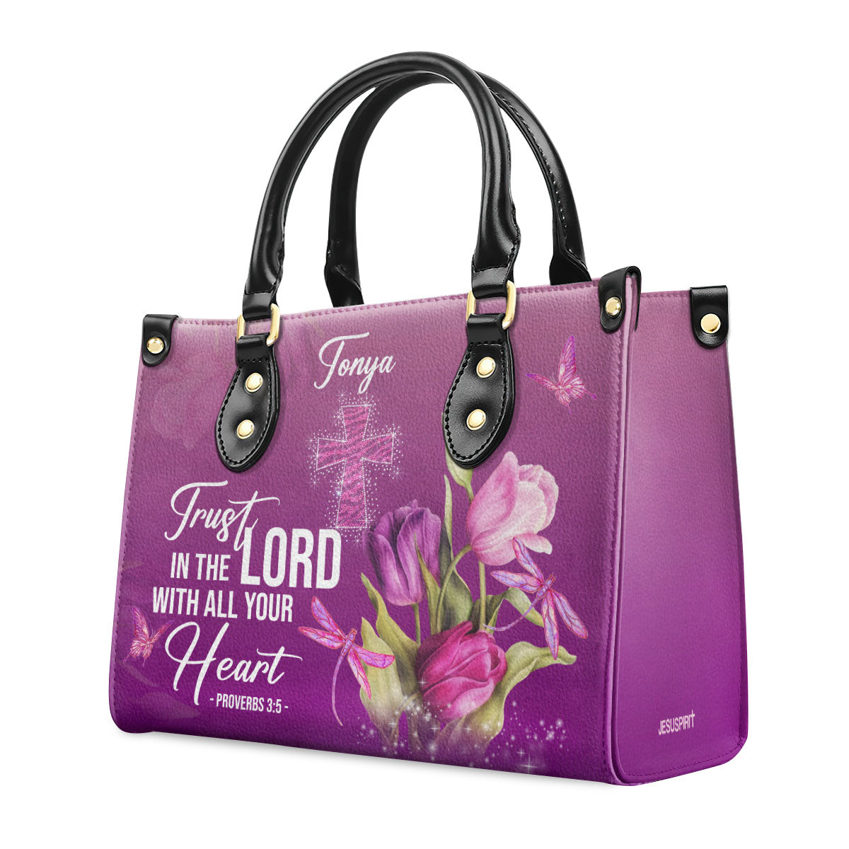 Personalized Purple Leather Handbag | Trust In The Lord With All Your Heart | Proverbs 3:5 | Tulip And Cross LHBM602