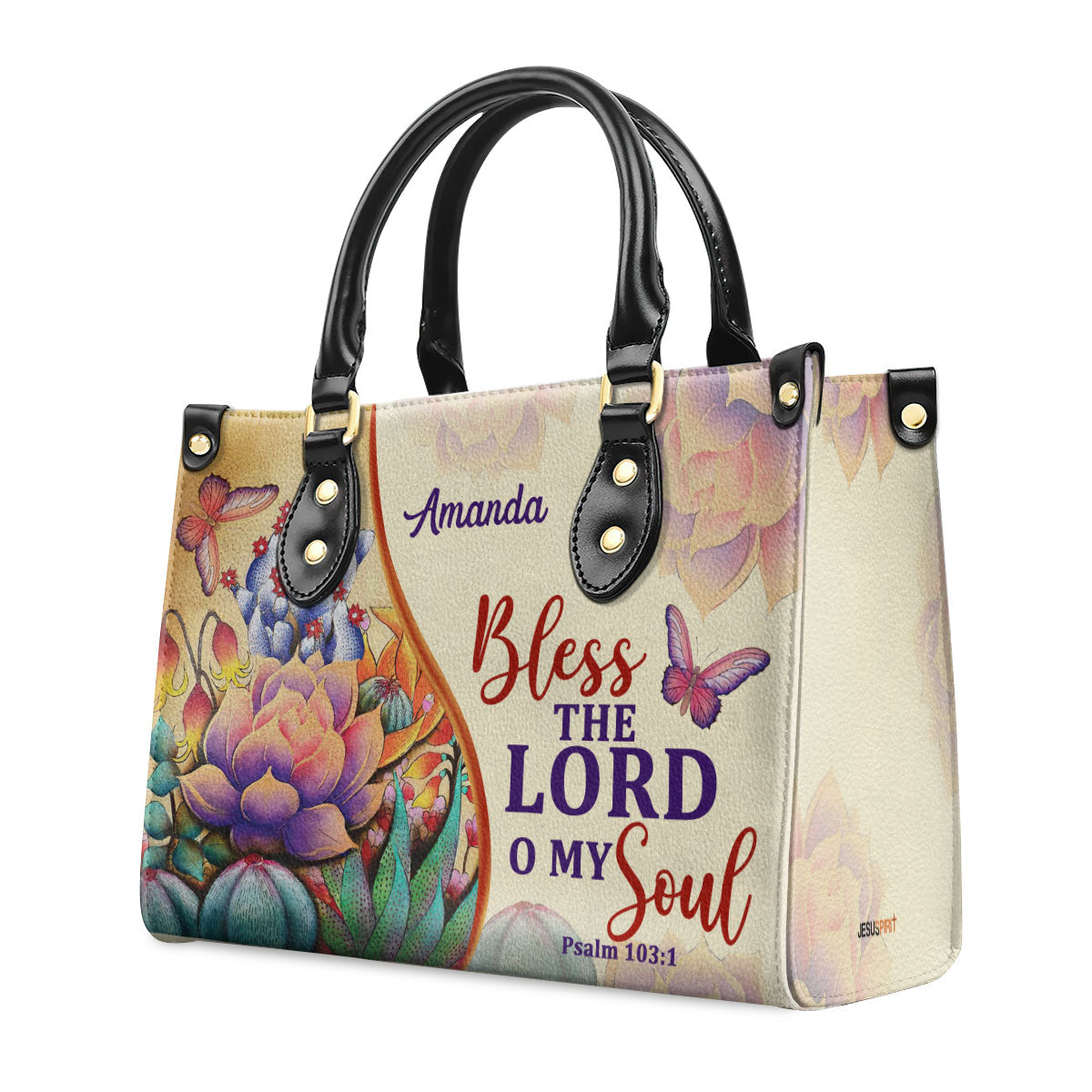 Bless The Lord O My Soul | Psalm 103:1 | Personalized Leather Handbag With Handle | Flower And Butterfly LHBM678