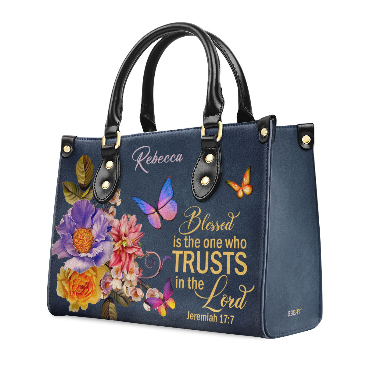 Blessed Is The Woman Who Trusts In The Lord | Jeremiah 17:7 | Personalized Flower Leather Handbag LHBM680