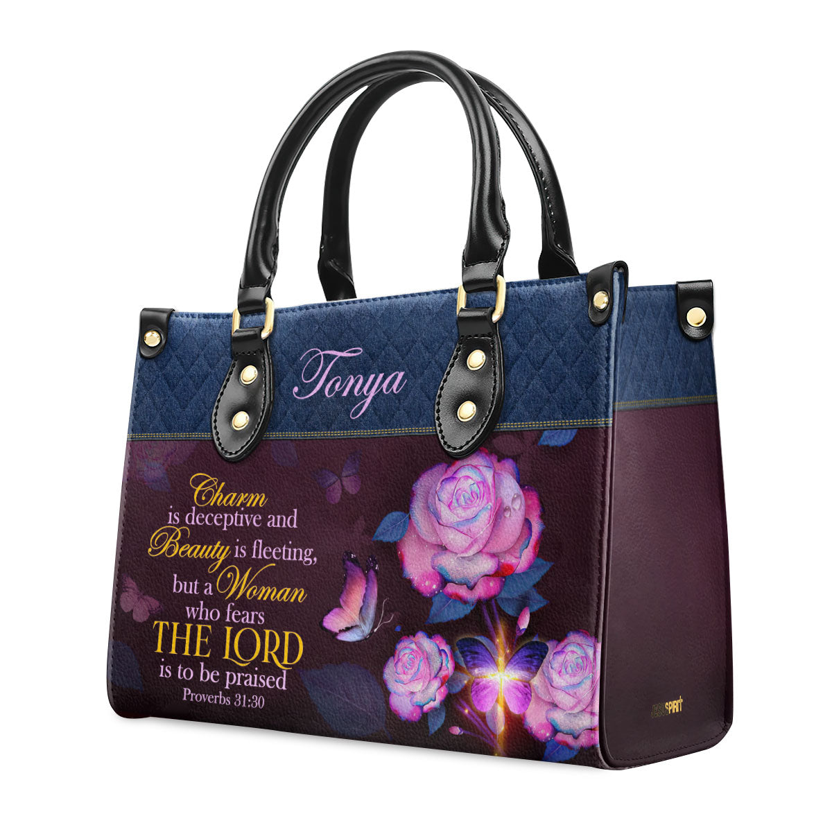 Proverbs 31:30 | Personalized Leather Handbag With Handle | Scripture Meaningful Gifts For Christian Women LHBM714