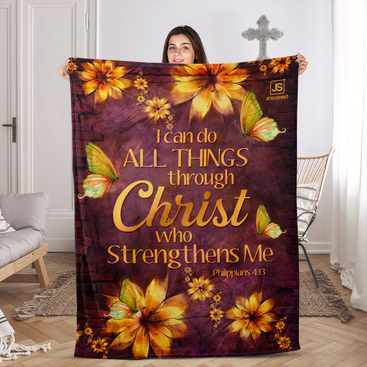 Fleece Blanket | I Can Do All Things Through Christ | Philippians 4:13 | Flower And Butterfly FBHN621