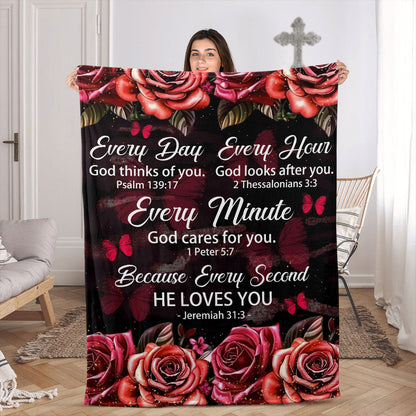 Every Hour God Looks After You | Rose And Butterfly | Gorgeous Fleece Blanket For Christians FBHN602