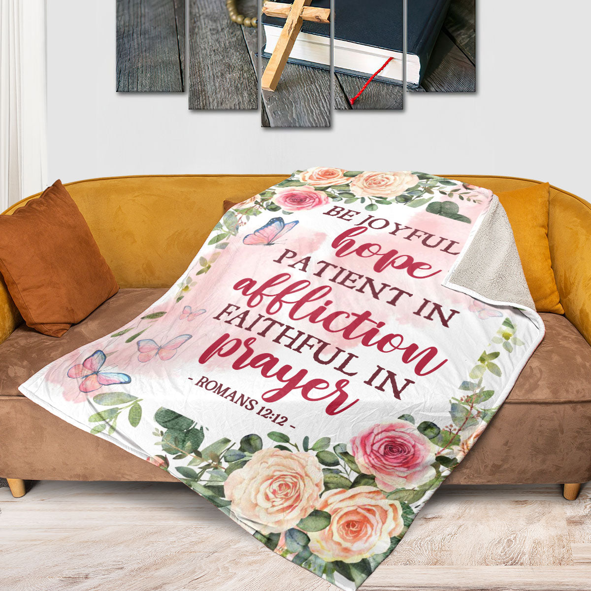 Beautiful Fleece Blanket | Romans 12:12 | Butterfly & Roses | Hope, Affliction And Prayer FBH618