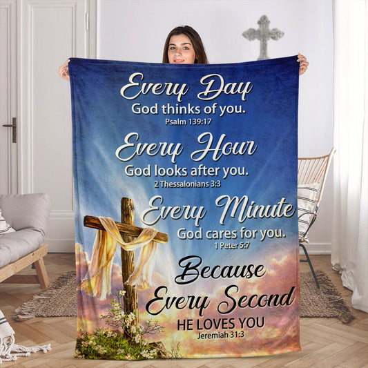 Every Minute God Cares For You | Cross Fleece Blanket | Ideal Gift For Church Members FBHN601