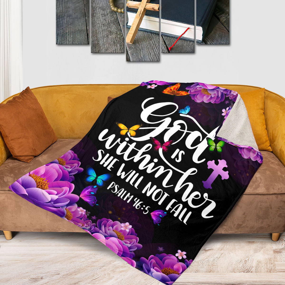 Psalm 46:5 | Cross And Butterfly | God Is Within Her, She Will Not Fall | Beautiful Flower Fleece Blanket FBM640