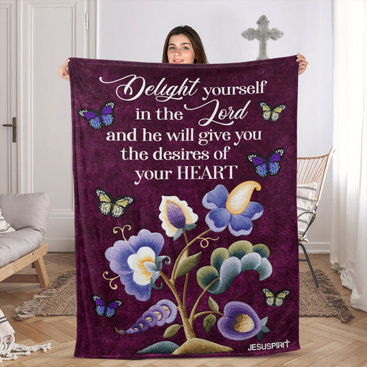 Fleece Blanket | Delight Yourself In The Lord | Psalm 37:4 | Flower And Butterfly FBHN618