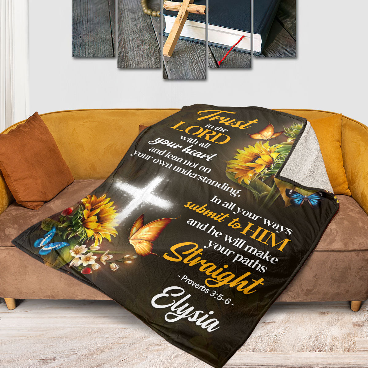 Warm Gift For Loved Ones | Proverbs 3:5-6 | Trust In The Lord | Customized Sunflower Fleece Blanket FBH608