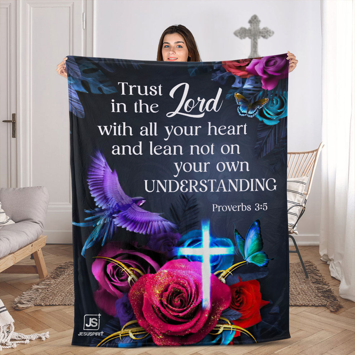 Trust In The Lord With All Your Heart | Fleece Blanket | Proverbs 3:5 | Rose And Cross FBHN629