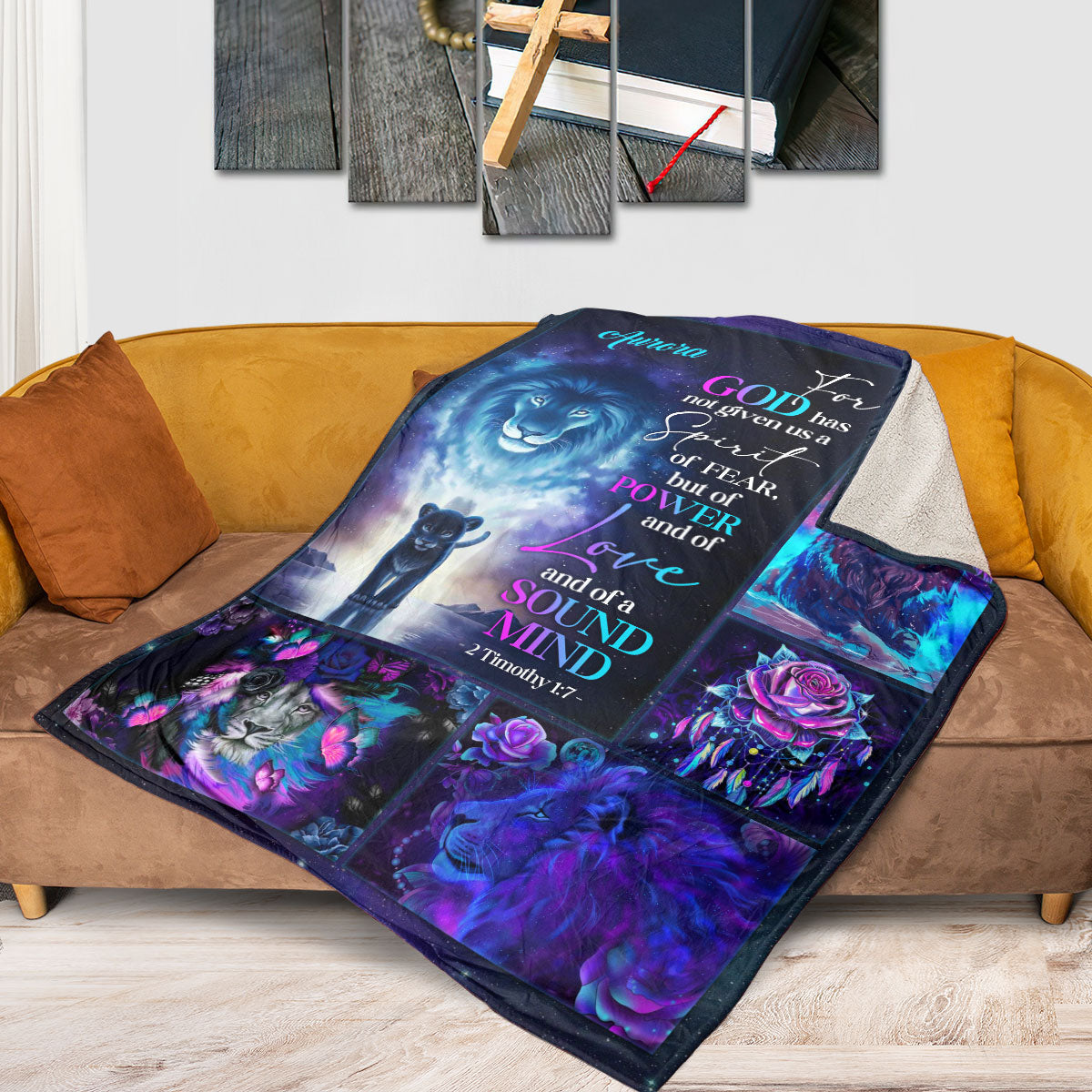 Power Love And Soul Mind | 2 Timothy 1:7 | Lion And Rose | Gorgeous Personalized Fleece Blanket FBH615