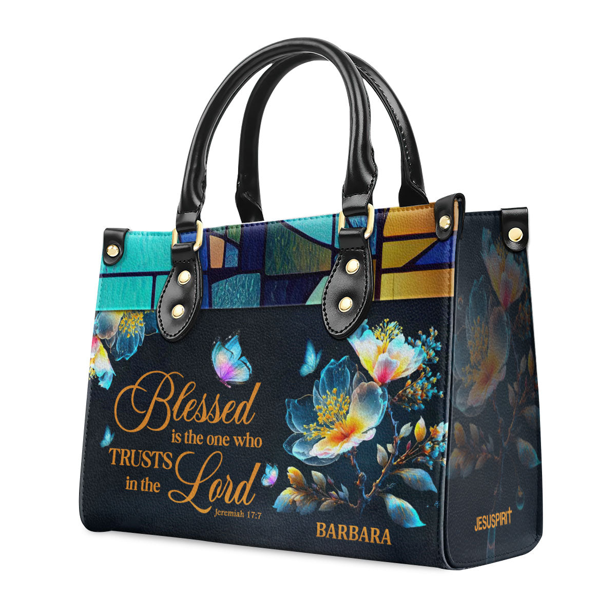 Personalized Leather Handbag With Handle | Blessed Is The One Who Trusts In The Lord | Jeremiah 17:7 | Spiritual Gift Of Faith For Women LHBHN690