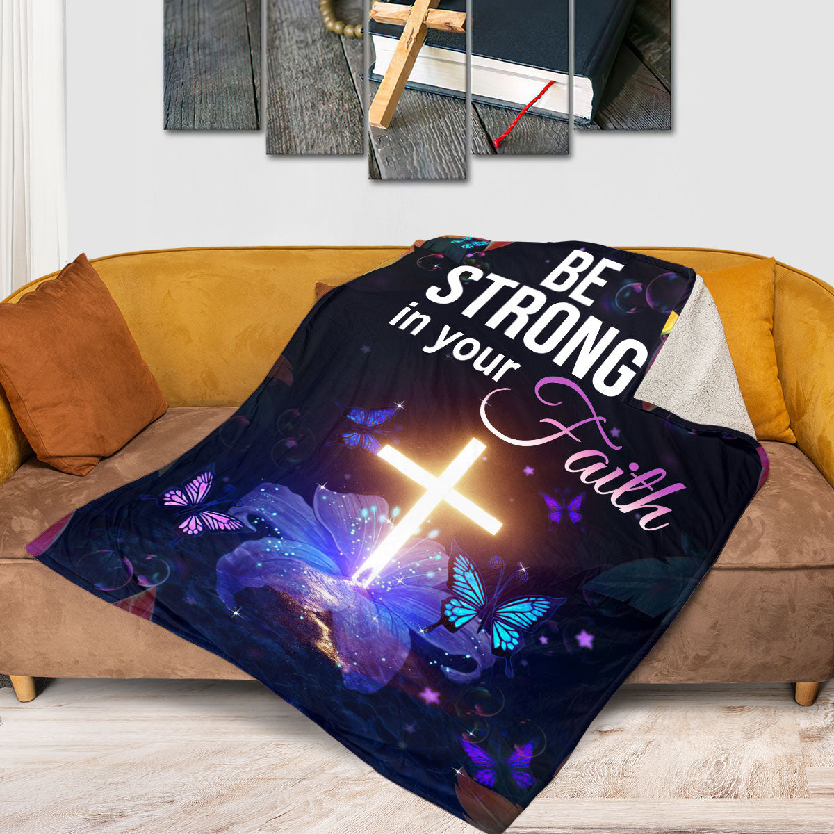 Stunning Cross Fleece Blanket | Be Strong In Your Faith | Colossians 2:7 | Lily And Butterfly FBM648