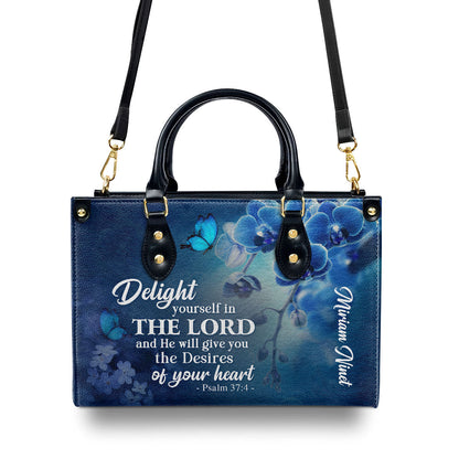 Personalized Leather Handbag | Delight Yourself In The Lord | Psalm 37:4 | Blue Orchids And Lilac H47