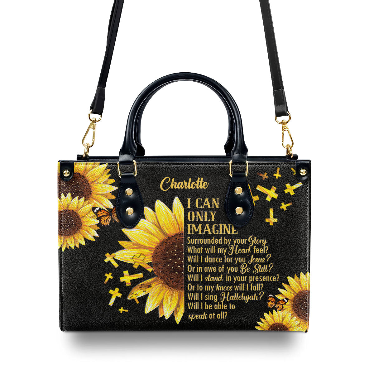 I Can Only Imagine | Sunflower And Cross | Personalized Leather Handbag With Handle HN153