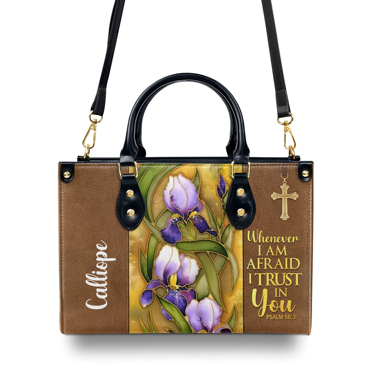 Flower And Cross | Whenever I Am Afraid, I Trust In You | Psalm 56:3 | Personalized Leather Handbag LHBH602