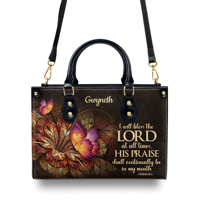 Lifegifty Personalized Leather Handbag With Handle | Flower & Butterfly | Psalm 34:1 | I Will Bless The Lord At All Times LHBH605