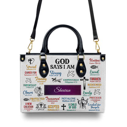 Personalized Leather Handbag With Handle | God Says I Am | Scripture Gifts For Christian Women LHBH742C