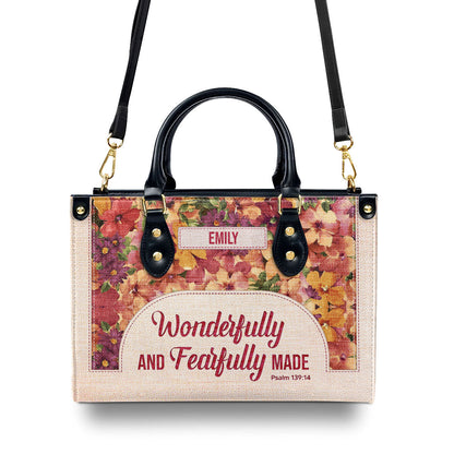 Personalized Leather Handbag With Zipper | Inspirational Gift Christian Ladies | Wonderfully And Fearfully Made | Psalm 139:14 LHBHN810