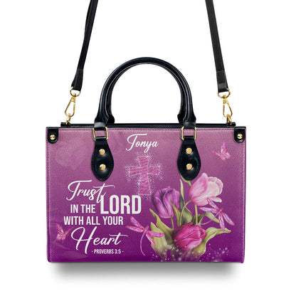 Personalized Purple Leather Handbag | Trust In The Lord With All Your Heart | Proverbs 3:5 | Tulip And Cross LHBM602