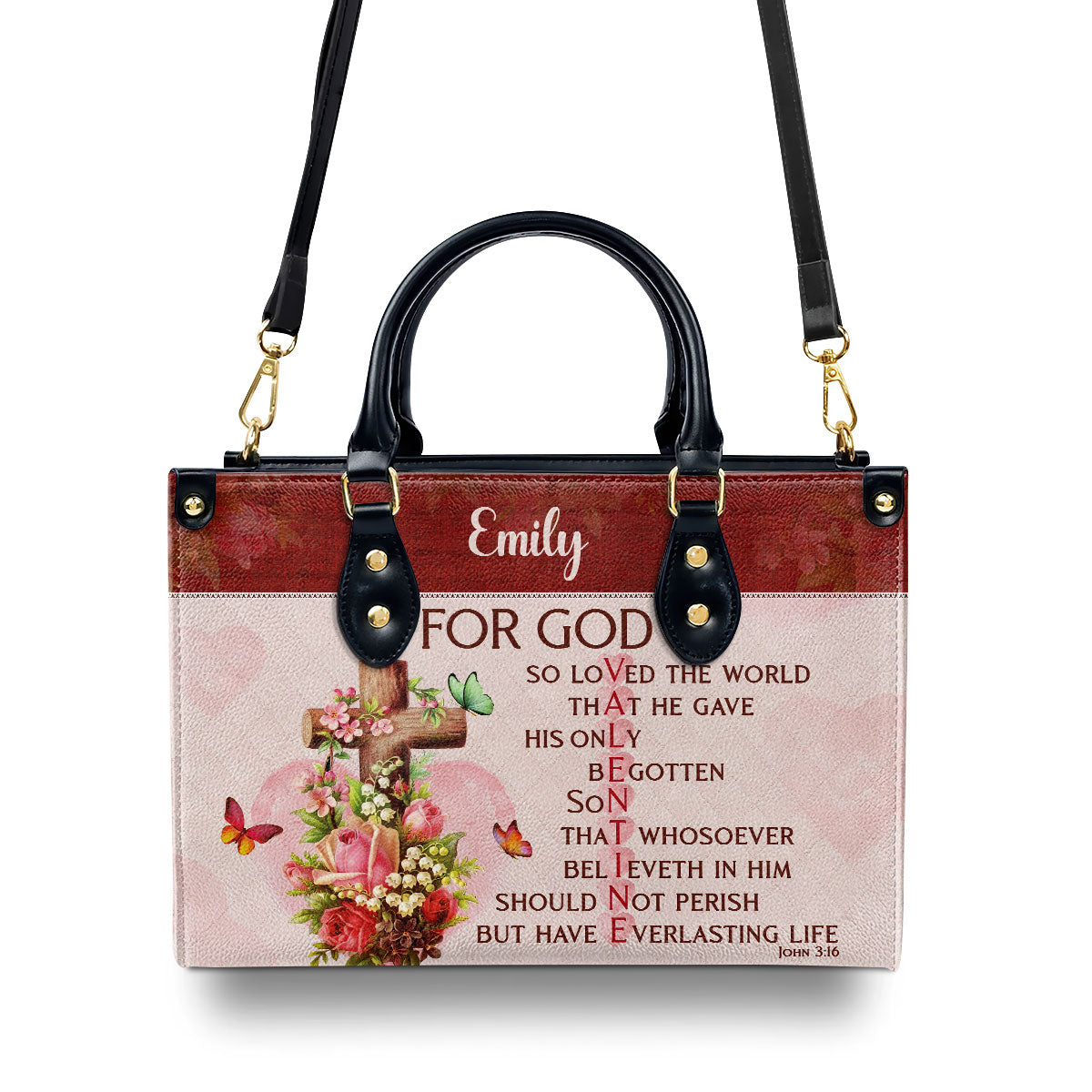 Personalized Leather Handbag With Handle | For God So Loved The World | Christian Valentine Gifts For Women Of God LHBM709