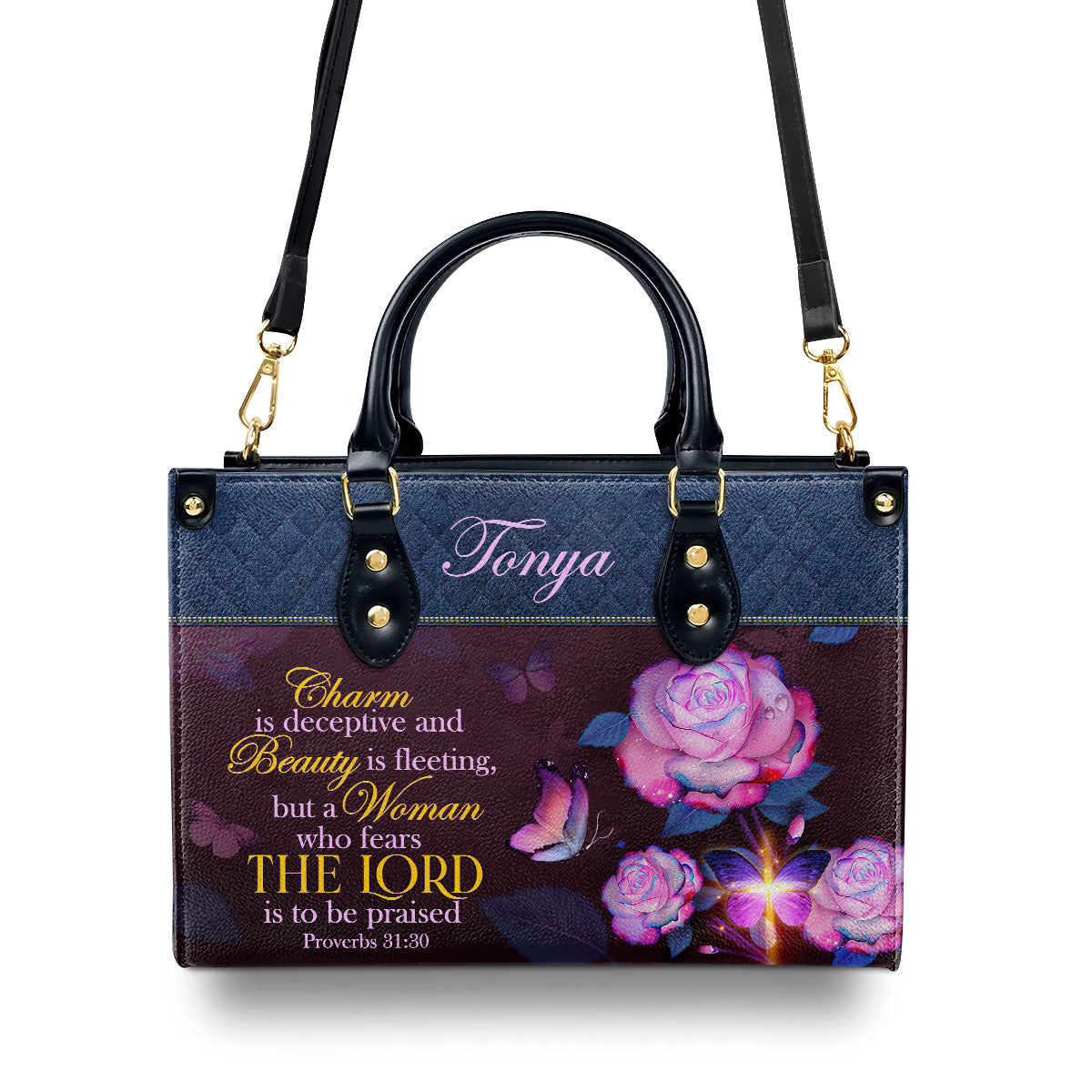 Proverbs 31:30 | Personalized Leather Handbag With Handle | Scripture Meaningful Gifts For Christian Women LHBM714