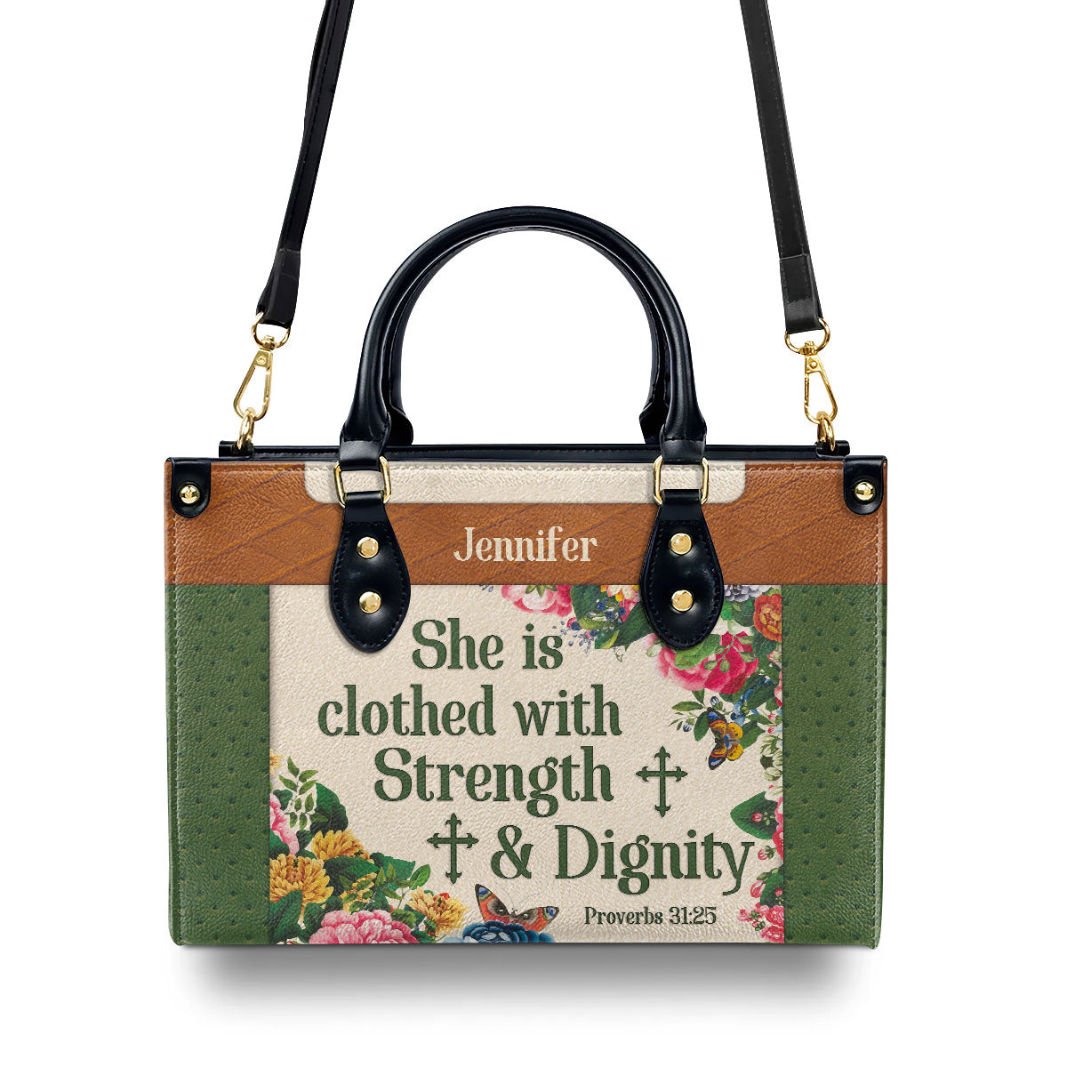 Stunning Personalized Flower Leather Handbag - She Is Clothed With Strength And Dignity NUHN307