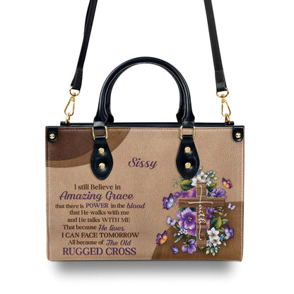 Stunning Personalized Floral Cross Leather Handbag - I Still Believe In Amazing Grace NUH269