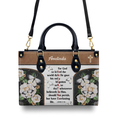 Personalized Leather Handbag | Christian Valentines Day Ideas | John 3:16 | For God So Loved The World | Bible Verse Spiritual Gifts LHBH832