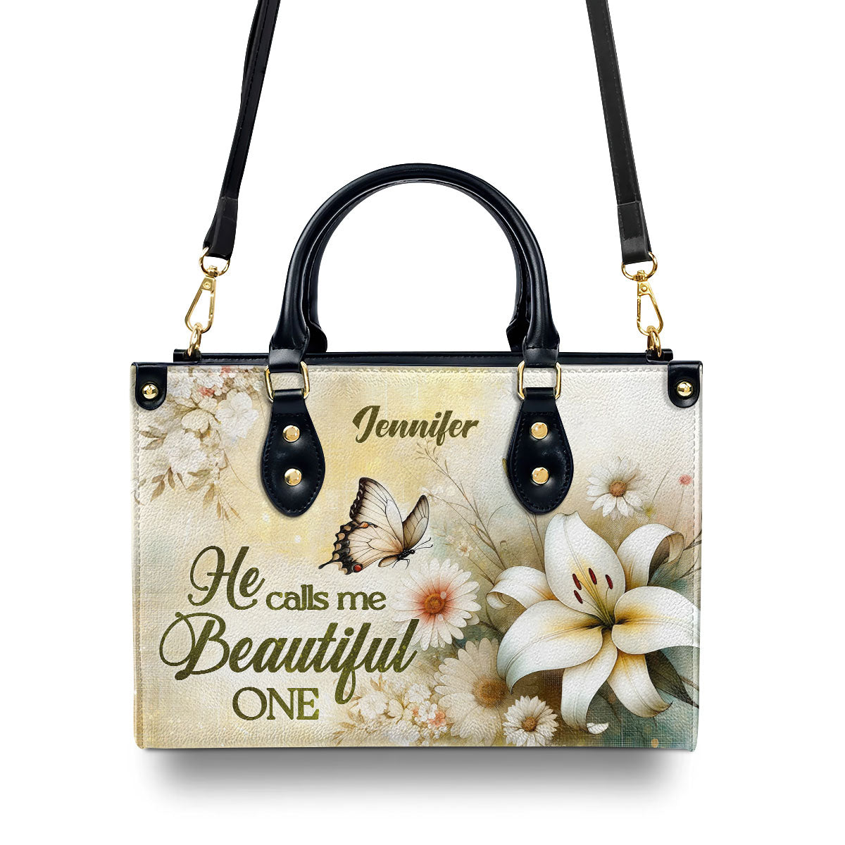 Personalized Leather Handbag With Zipper | He Calls Me Beautiful One LHBHN689